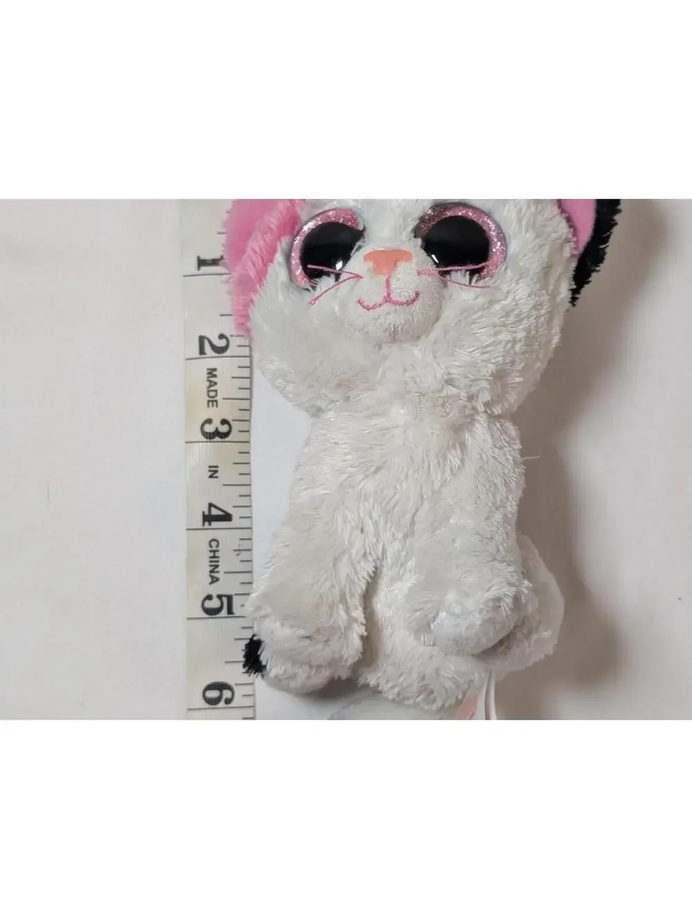 Ty Beanie Boo White Plush Cat with Pink and Black Ears 2014